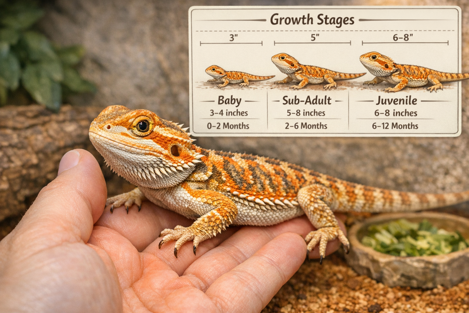 Detailed close-up photograph of healthy juvenile bearded dragon showing size comparison with human hand, displaying characteristic features 