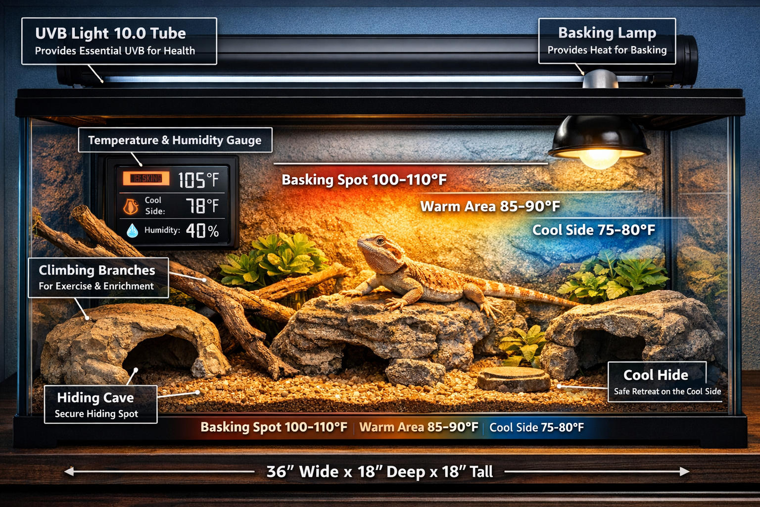 Professional terrarium setup photograph showcasing ideal juvenile bearded dragon habitat with proper dimensions, UVB lighting fixture, baski