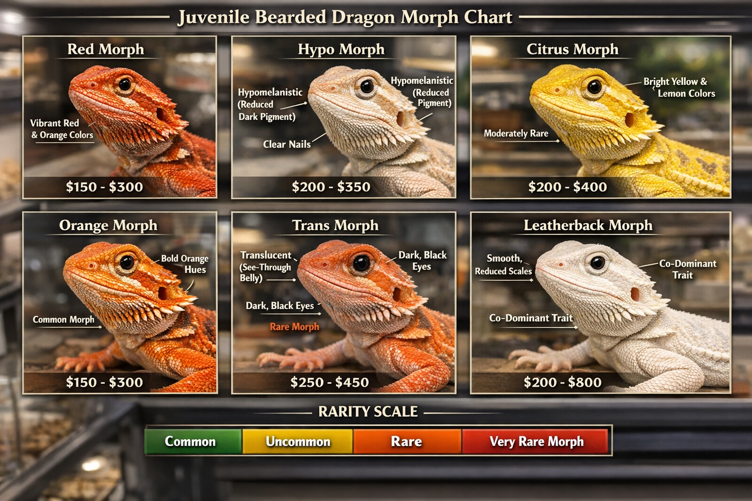 Comprehensive morph comparison chart displaying popular juvenile bearded dragon color variations including red, hypo, citrus, orange, trans,