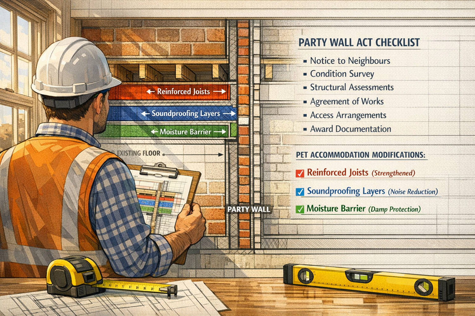 () detailed illustration showing surveyor in hard hat examining party wall structure between two rental properties, with