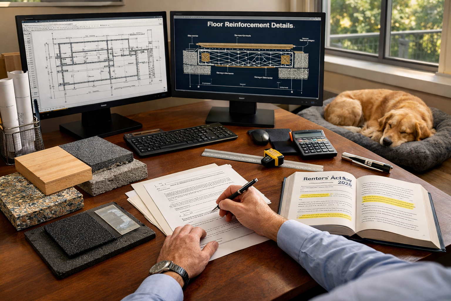 () professional office scene showing party wall surveyor drafting award document on large desk with dual monitors displaying