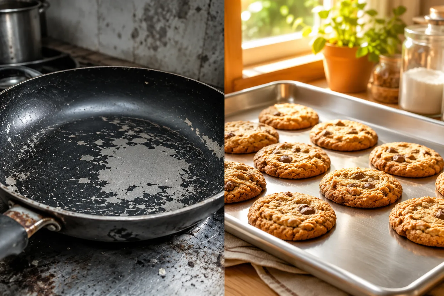 Split-screen editorial image (1536x1024): left half shows a close-up of a scratched, discolored nonstick Teflon pan with visible coating flakes under harsh overhead light in a worn kitchen, right half shows a pristine uncoated stainless steel baking sheet with golden-brown cookies fresh from the oven under warm natural light. Bold visual contrast between old toxic and new safe bakeware, magazine-quality composition, muted grey versus warm amber palette. Is Aluminum Bakeware Safe?