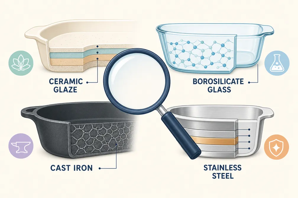 Symbolic conceptual illustration (1536x1024) in a clean flat-vector style: a magnifying glass hovering over cross-section diagrams of four bakeware materials — ceramic glaze layers, borosilicate glass structure, cast iron grain, and stainless steel alloy layers — each with a short 1-2 word label in navy blue sans-serif on a pale cream background, bright pastel accent colors, infographic aesthetic, generous white space, no pricing or tables. Budget-Friendly Nontoxic Bakeware Options