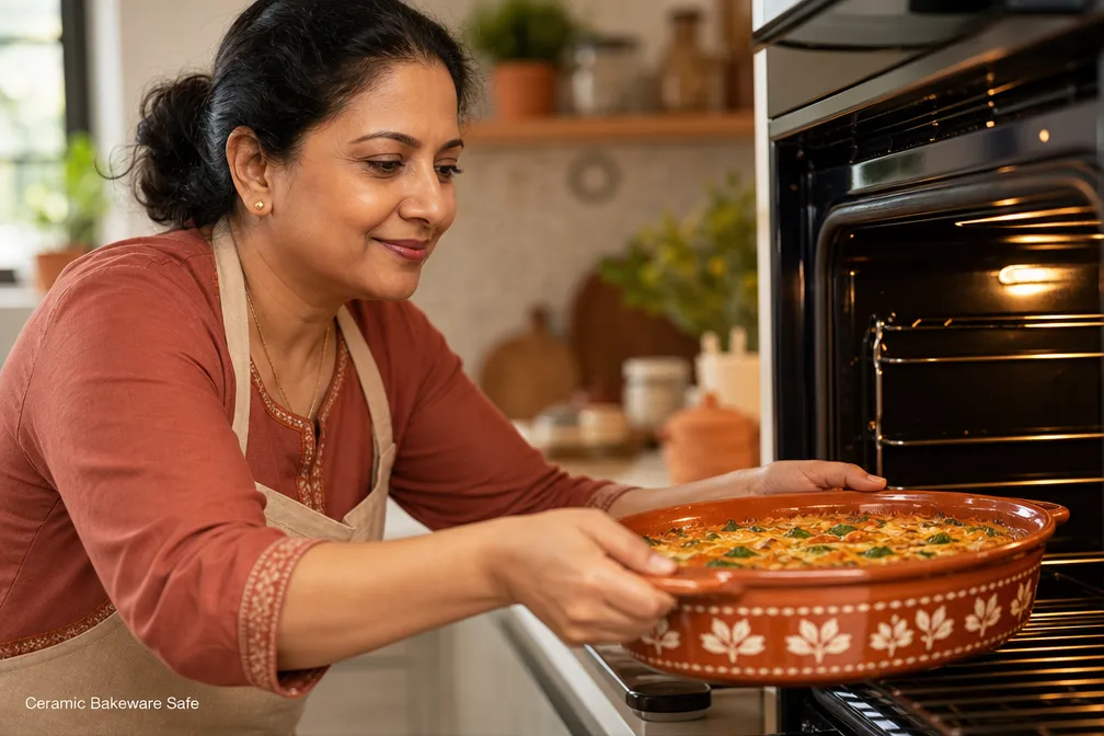 Cinematic editorial photograph (1536x1024) of a diverse home baker — a middle-aged South Asian woman — confidently placing a glazed ceramic baking dish into a bright modern oven, warm golden kitchen lighting, shallow depth of field with the ceramic dish in sharp focus and the oven interior softly blurred, rich terracotta and cream color palette, lifestyle magazine quality, no text overlays except a subtle 3-word label 'Ceramic Bakeware Safe' in small white sans-serif at bottom-left with 8% margin. Best Bakeware Materials for Health-Conscious Bakers: Practical Recommendations