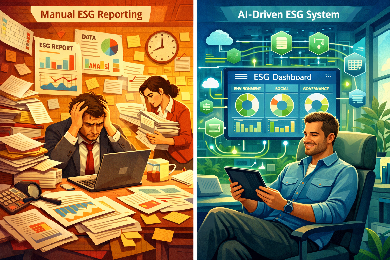 () image showing split-screen composition: left side displays traditional manual ESG reporting with stressed office workers