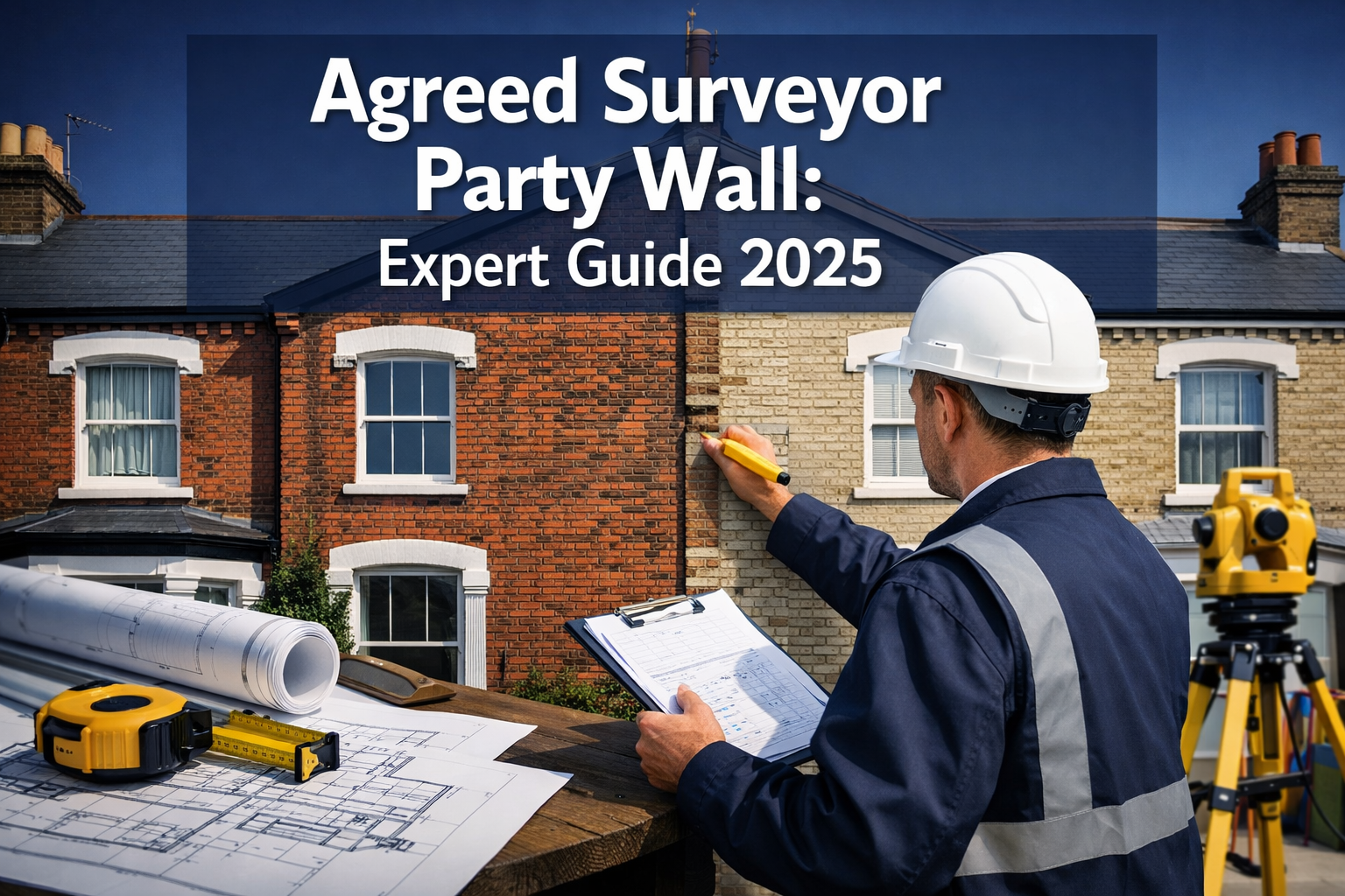 Professional landscape hero image (1536x1024) featuring bold text overlay 'Agreed Surveyor Party Wall: Expert Guide 2025' in extra large 72p