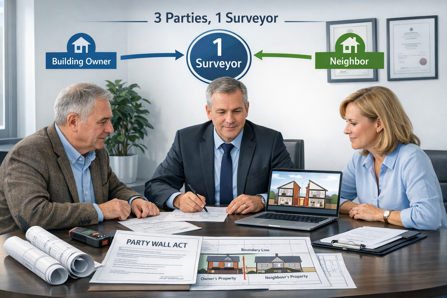 Detailed landscape illustration (1536x1024) showing professional meeting scene with three people around modern conference table: building ow