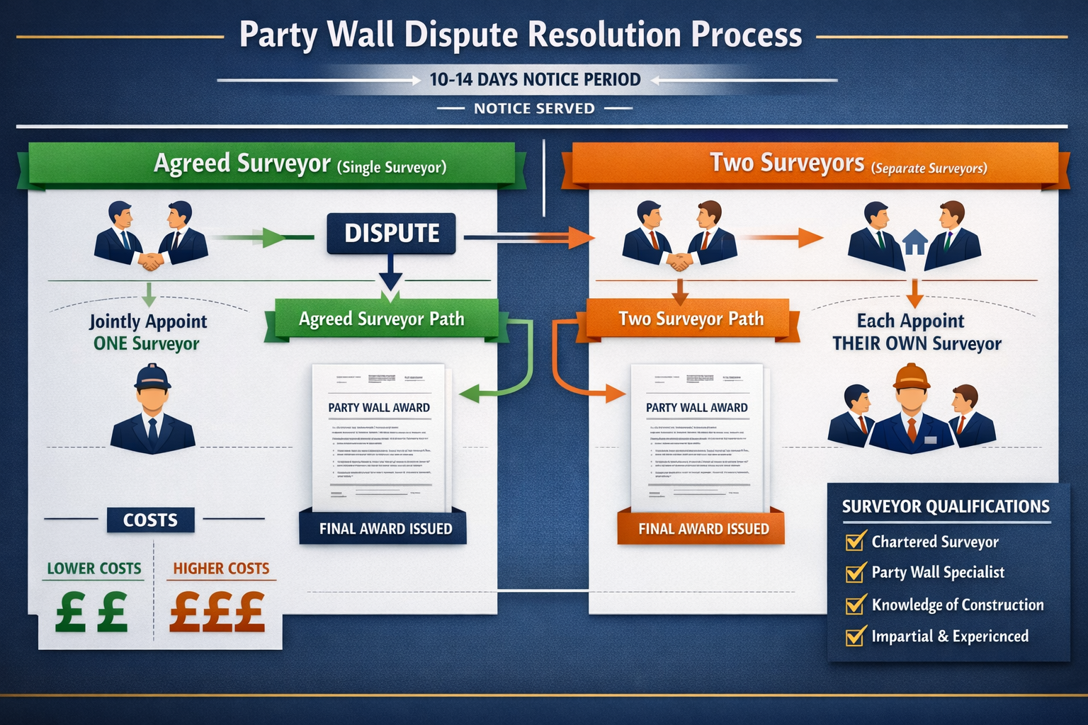 Comprehensive landscape infographic (1536x1024) displaying party wall dispute resolution flowchart with agreed surveyor pathway highlighted 