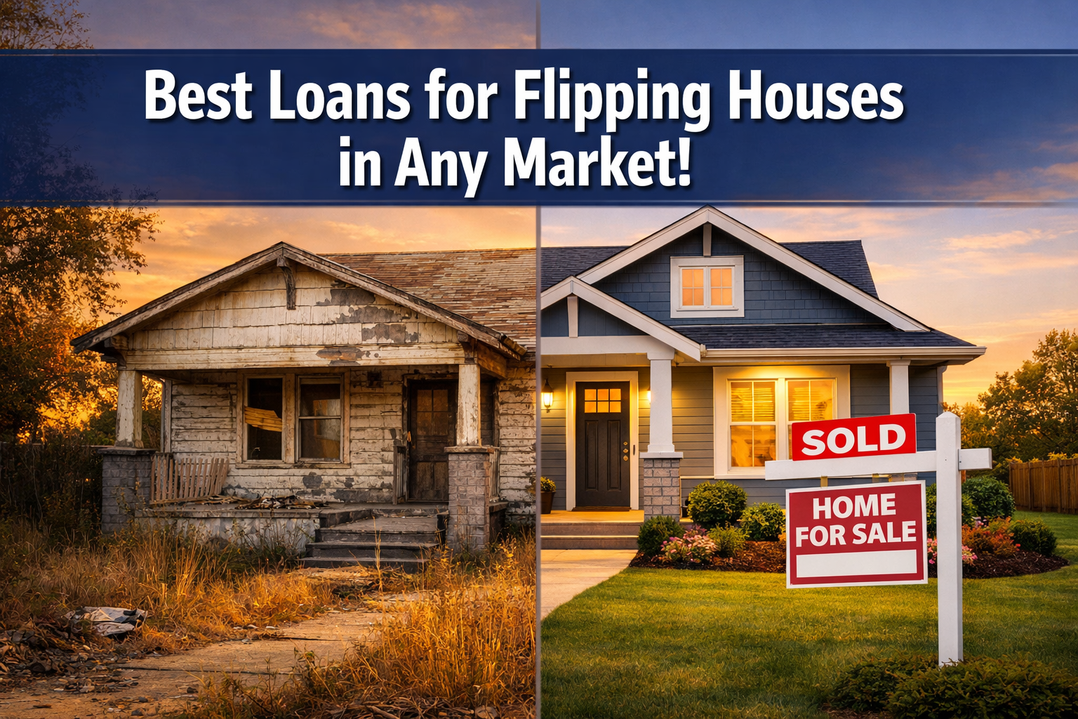 Professional () hero image featuring 'Best Loans for Flipping Houses in Any Market!' in extra large white with dark drop ,