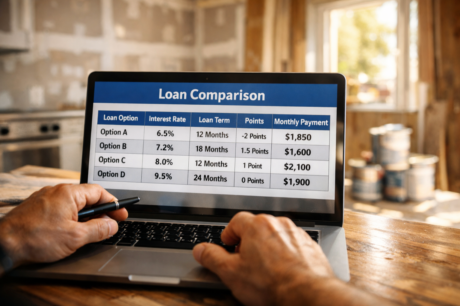 () dramatic close-up photograph of an investor's hands reviewing a loan comparison spreadsheet on a laptop screen in a