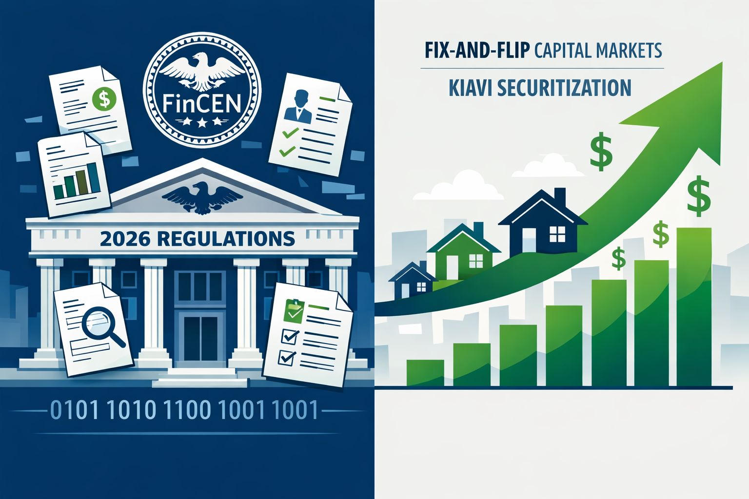 () conceptual split-image showing the 2026 regulatory landscape for house flippers. Left half shows a government building