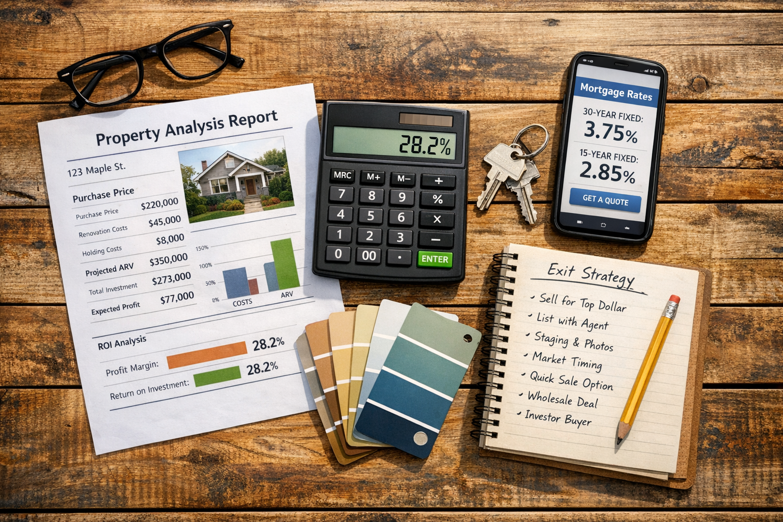 () overhead flat-lay photograph of a house flipper's planning workspace: a printed property analysis report, a calculator