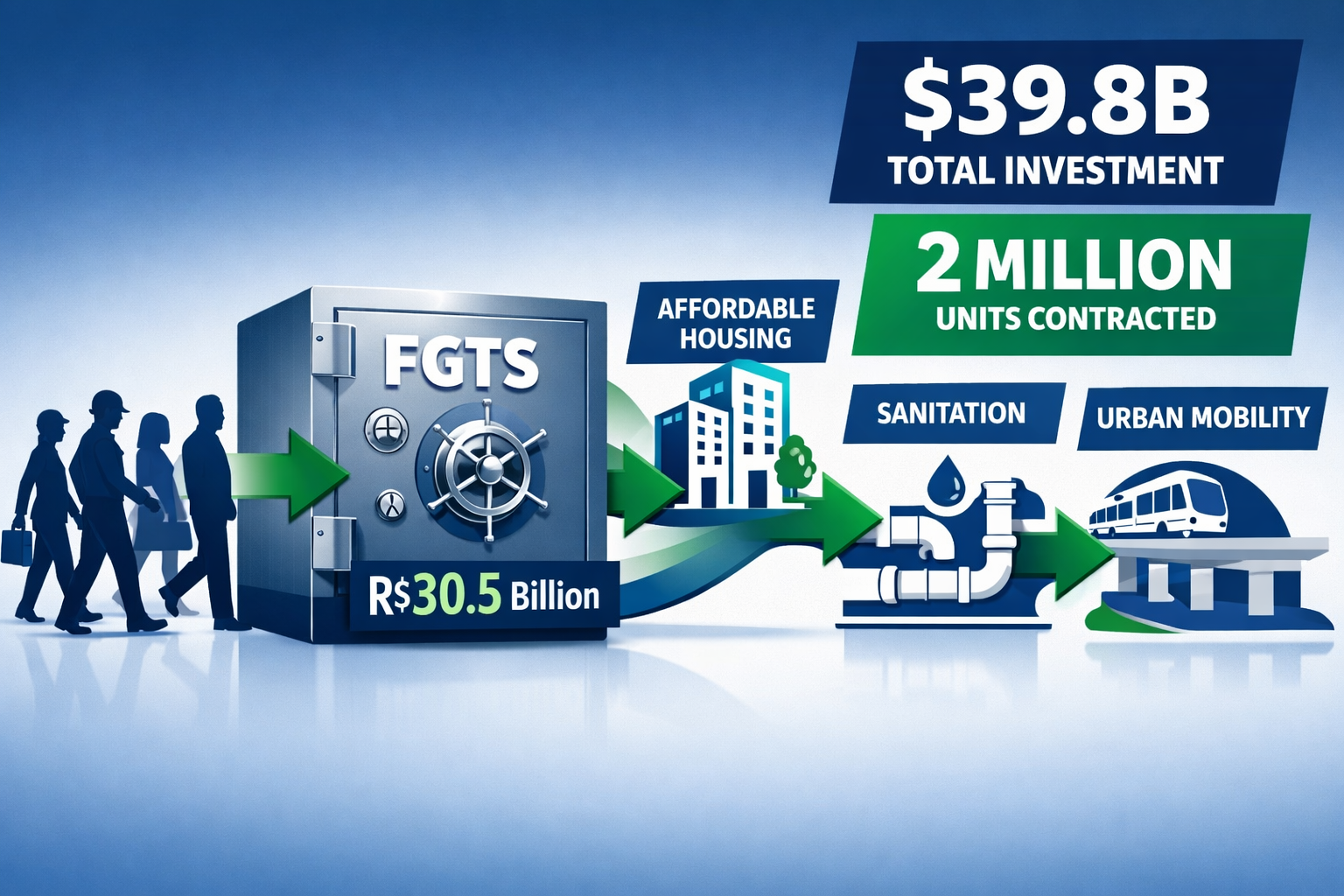 Wide-angle infographic illustration showing FGTS fund flow diagram: Brazilian worker silhouettes on left feeding into a