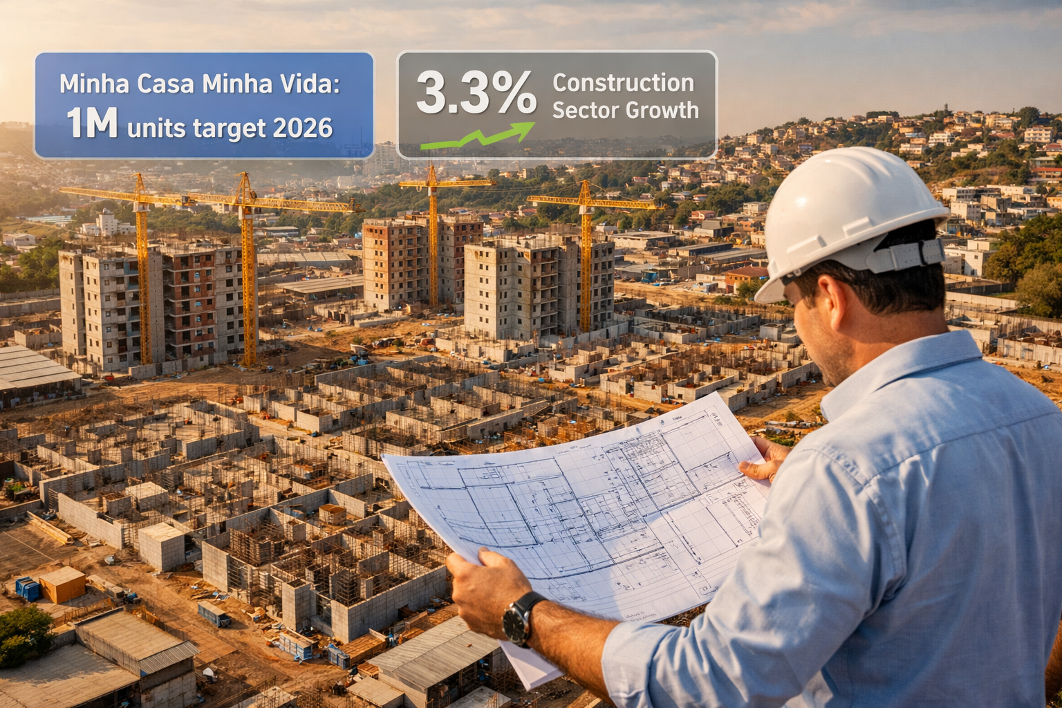 Aerial drone-perspective photograph of a large-scale affordable housing construction site in a Brazilian urban periphery,