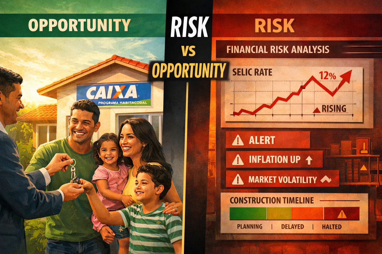 Split-scene editorial illustration: left half shows a Brazilian family receiving keys to a new affordable home with a Caixa