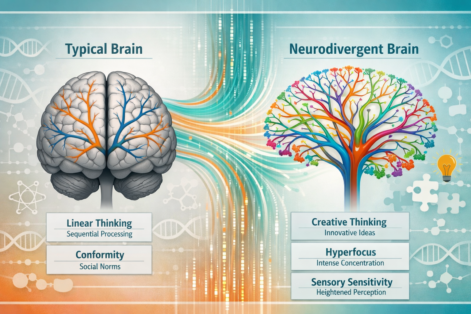 () illustration showing diverse brain network patterns with colorful neural pathways branching in different directions,