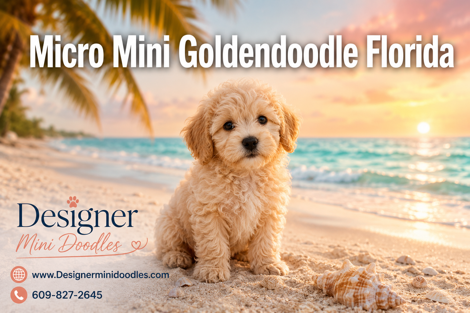 Professional () editorial hero image with 'Micro Mini Goldendoodle Florida' in white with subtle drop , centered in upper
