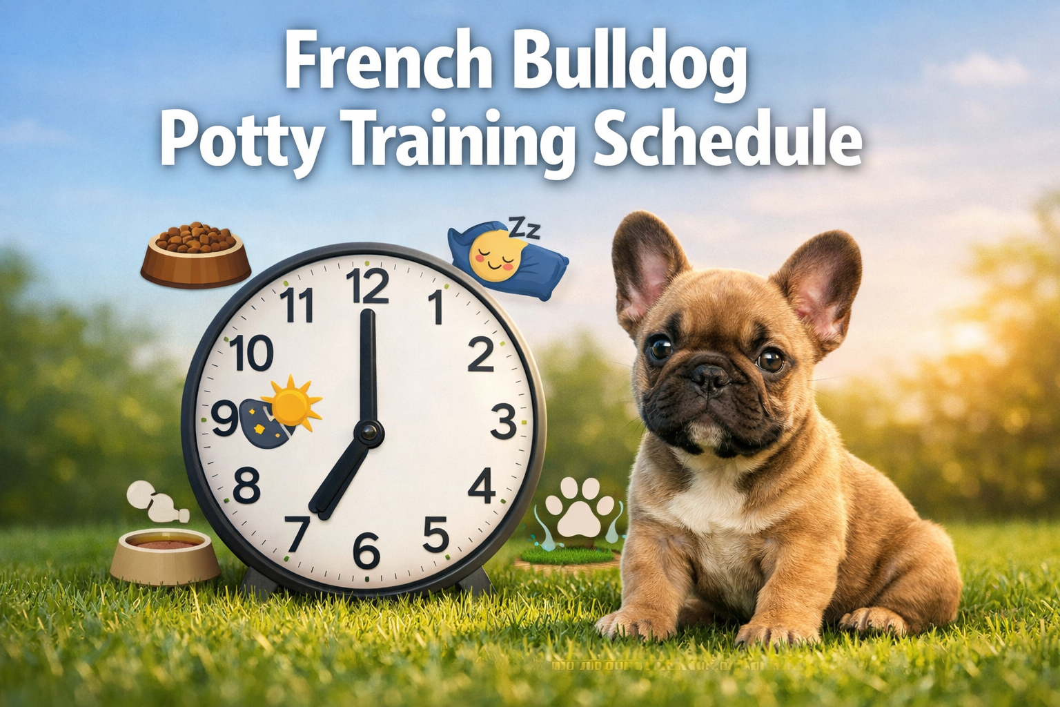 Professional landscape format (1536x1024) hero image featuring bold text overlay 'French Bulldog Potty Training Schedule' in extra large 70p