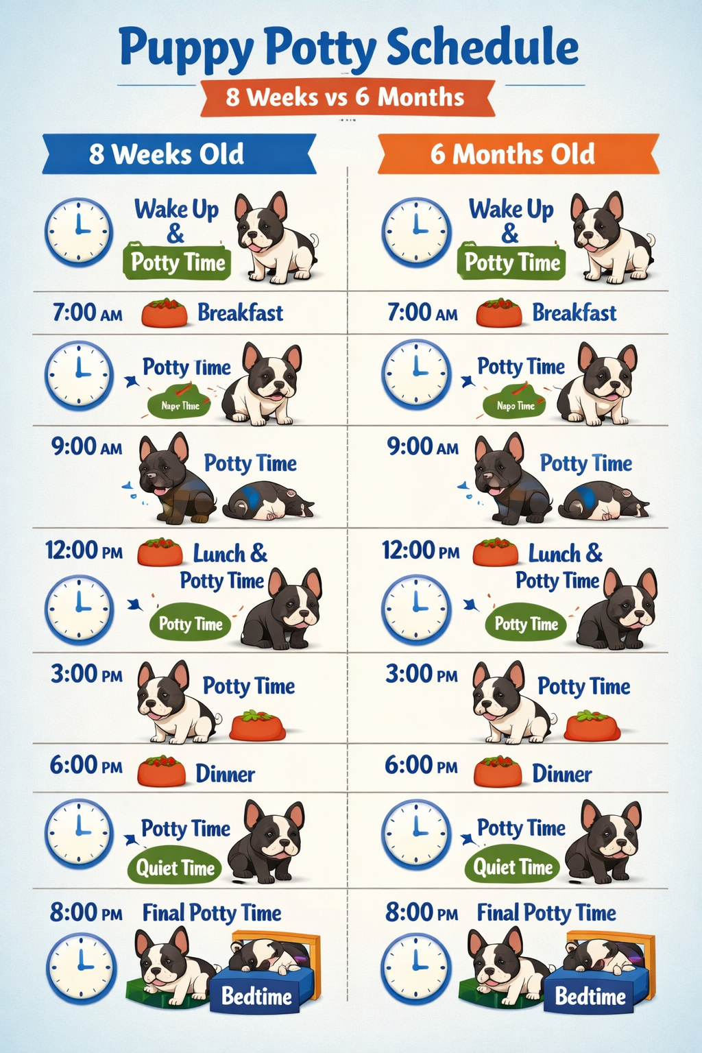 Portrait format (1024x1536) infographic showing daily timeline from 6 AM to 10 PM with cute French Bulldog illustrations at different potty 