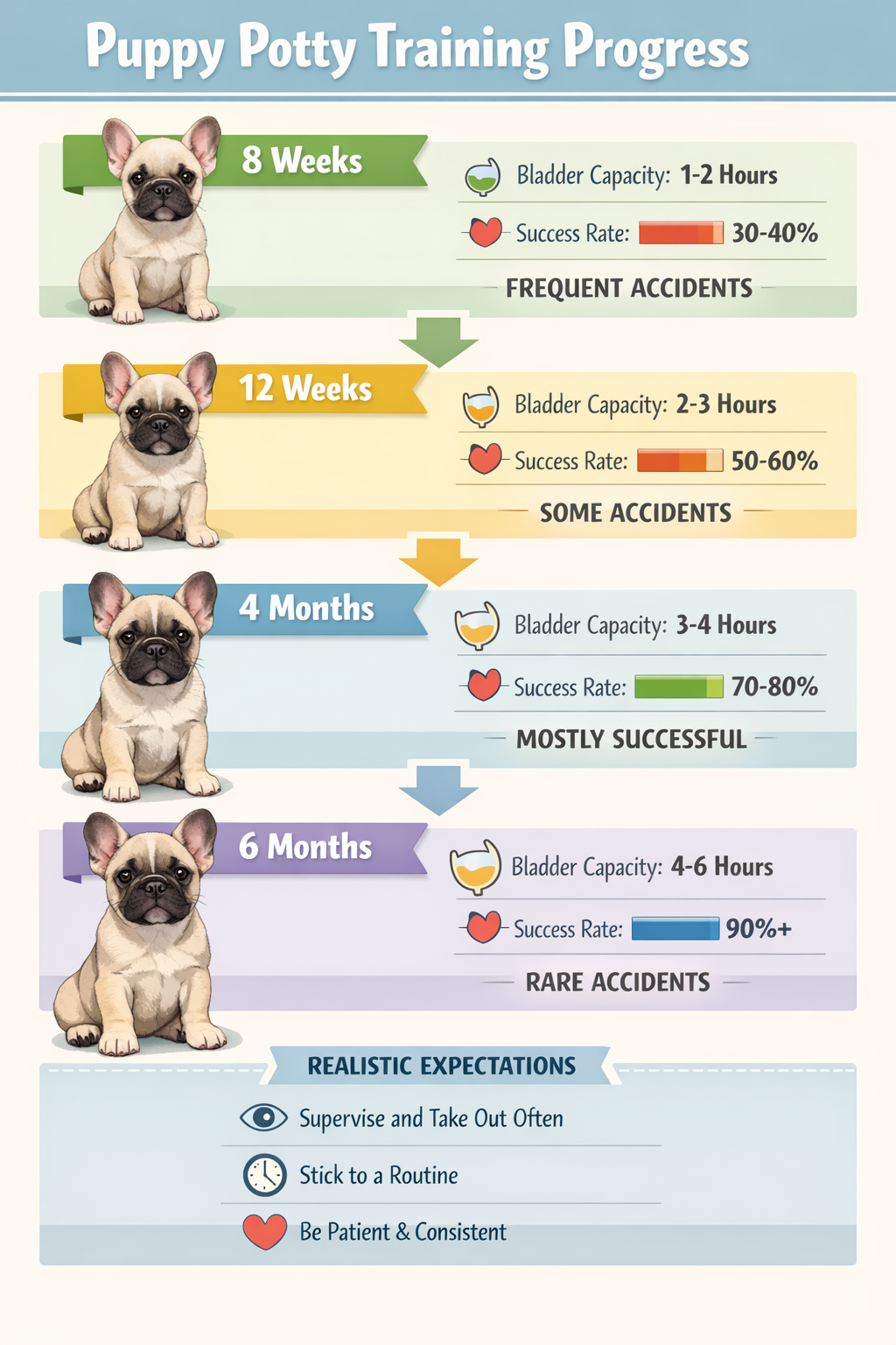 Portrait format (1024x1536) step-by-step visual guide showing French Bulldog puppy development stages from 8 weeks to 6 months. Each stage s