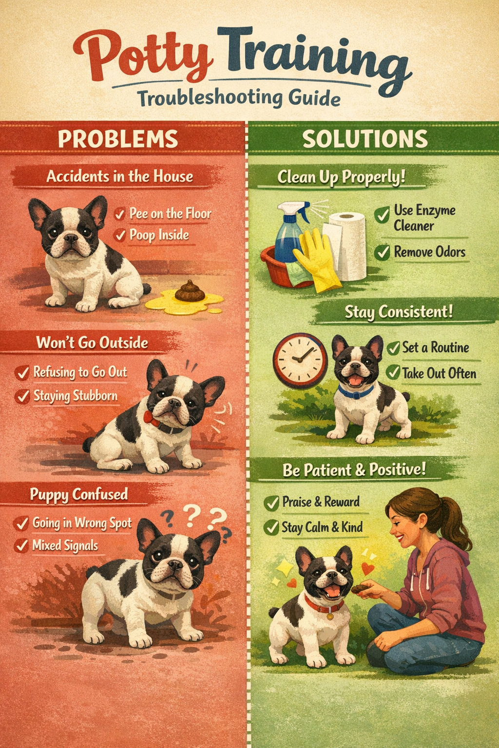 Portrait format (1024x1536) troubleshooting guide illustration showing common French Bulldog potty training challenges. Split-screen design 