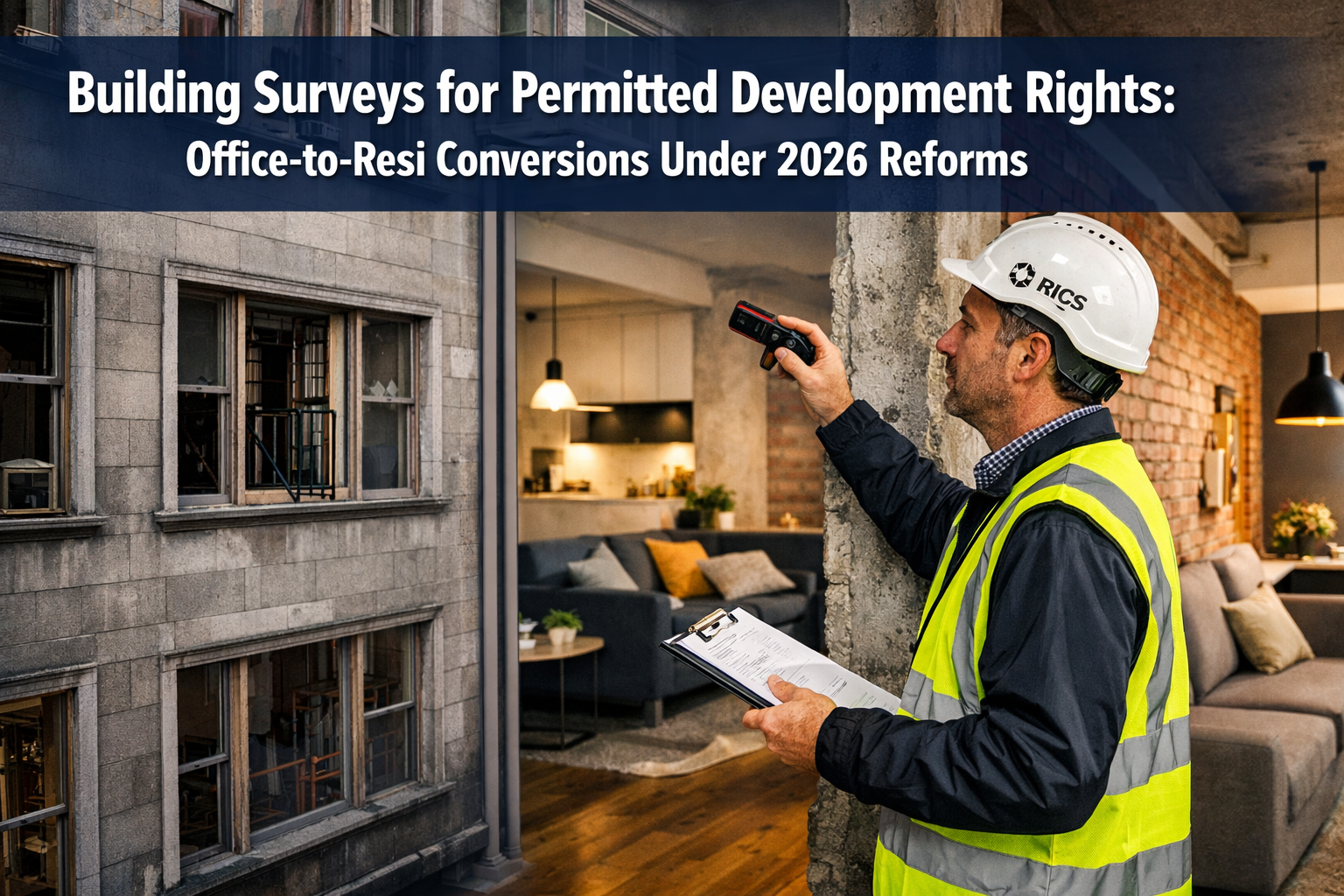 Professional landscape format (1536x1024) hero image featuring bold text overlay 'Building Surveys for Permitted Development Rights: Office-