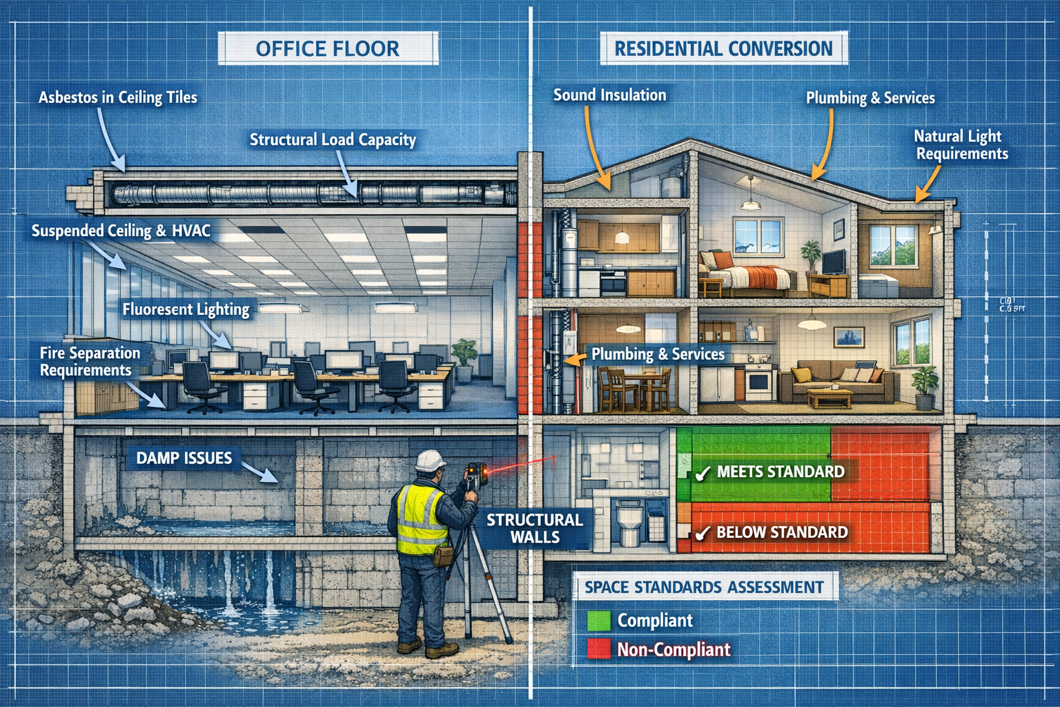 Landscape format (1536x1024) detailed cutaway architectural illustration showing office building cross-section during permitted development 