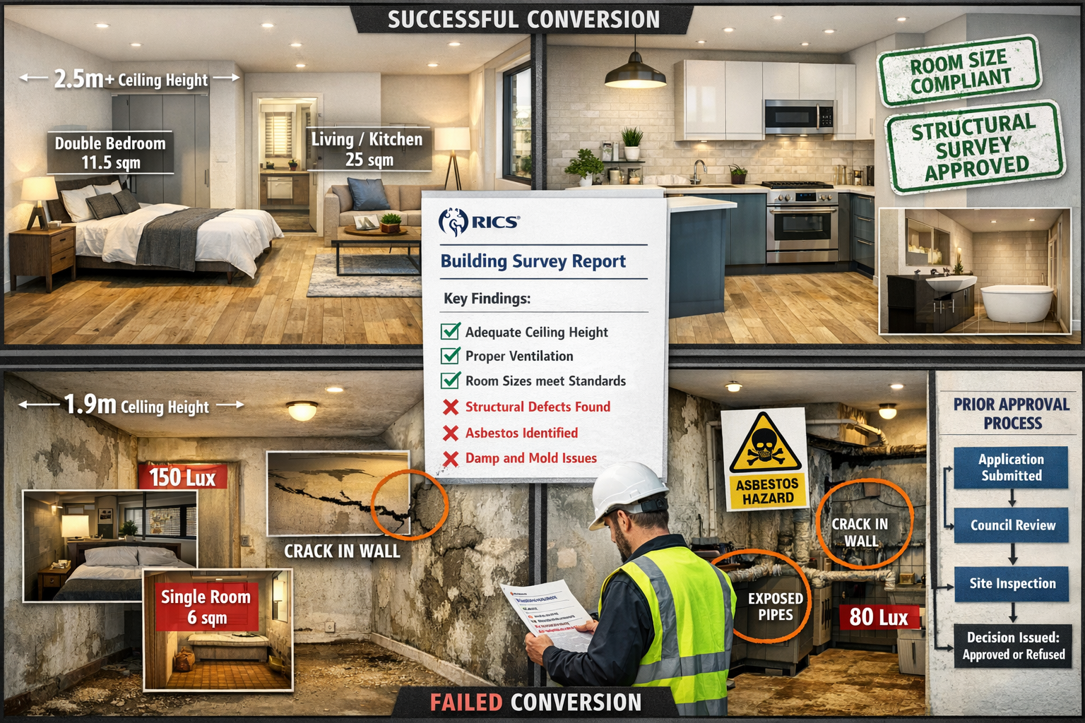 Landscape format (1536x1024) professional comparison layout showing before-and-after office-to-residential conversion success and failure sc