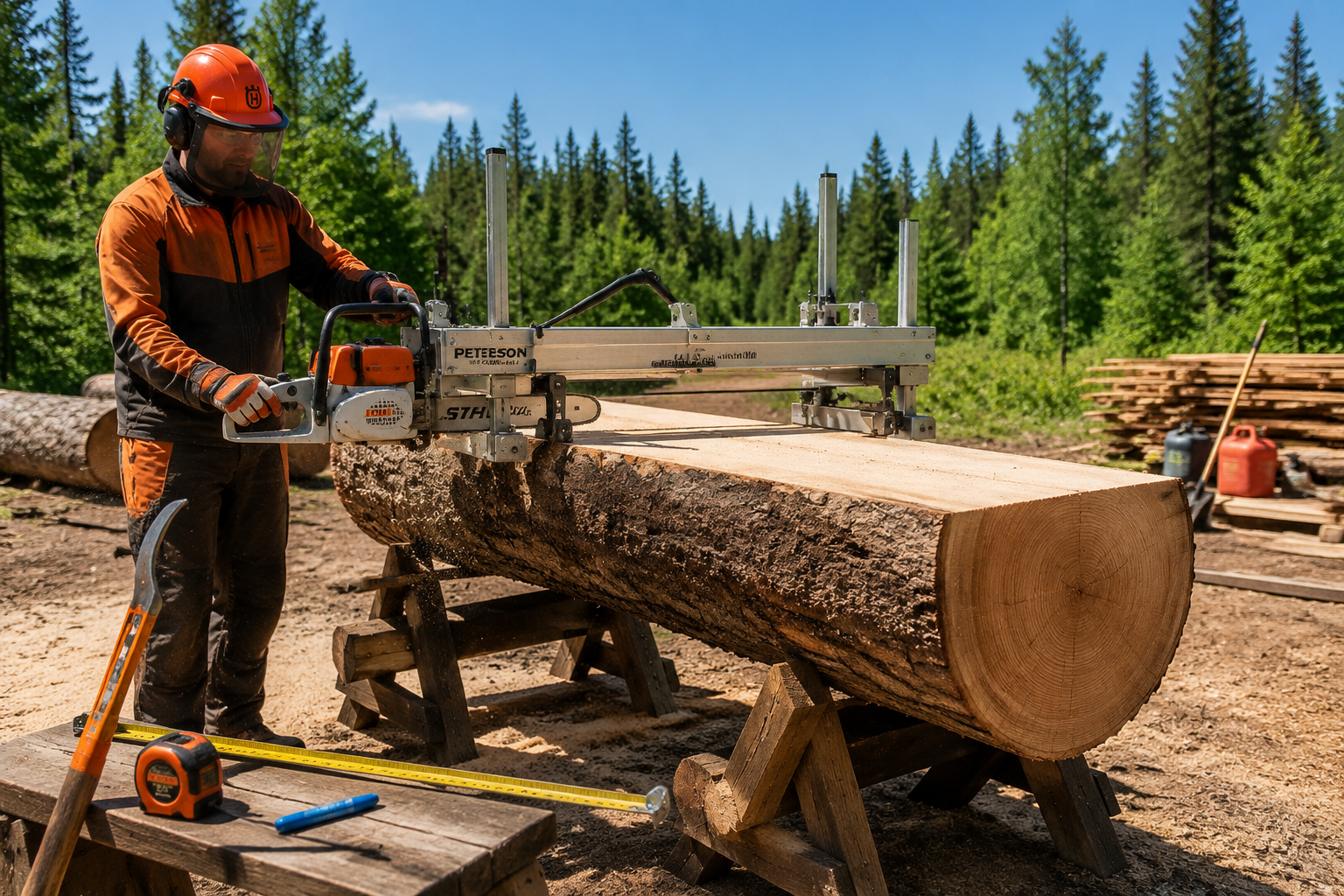 Detailed () image showing a well-organized outdoor milling setup. A large, straight log is securely mounted on sawhorses,