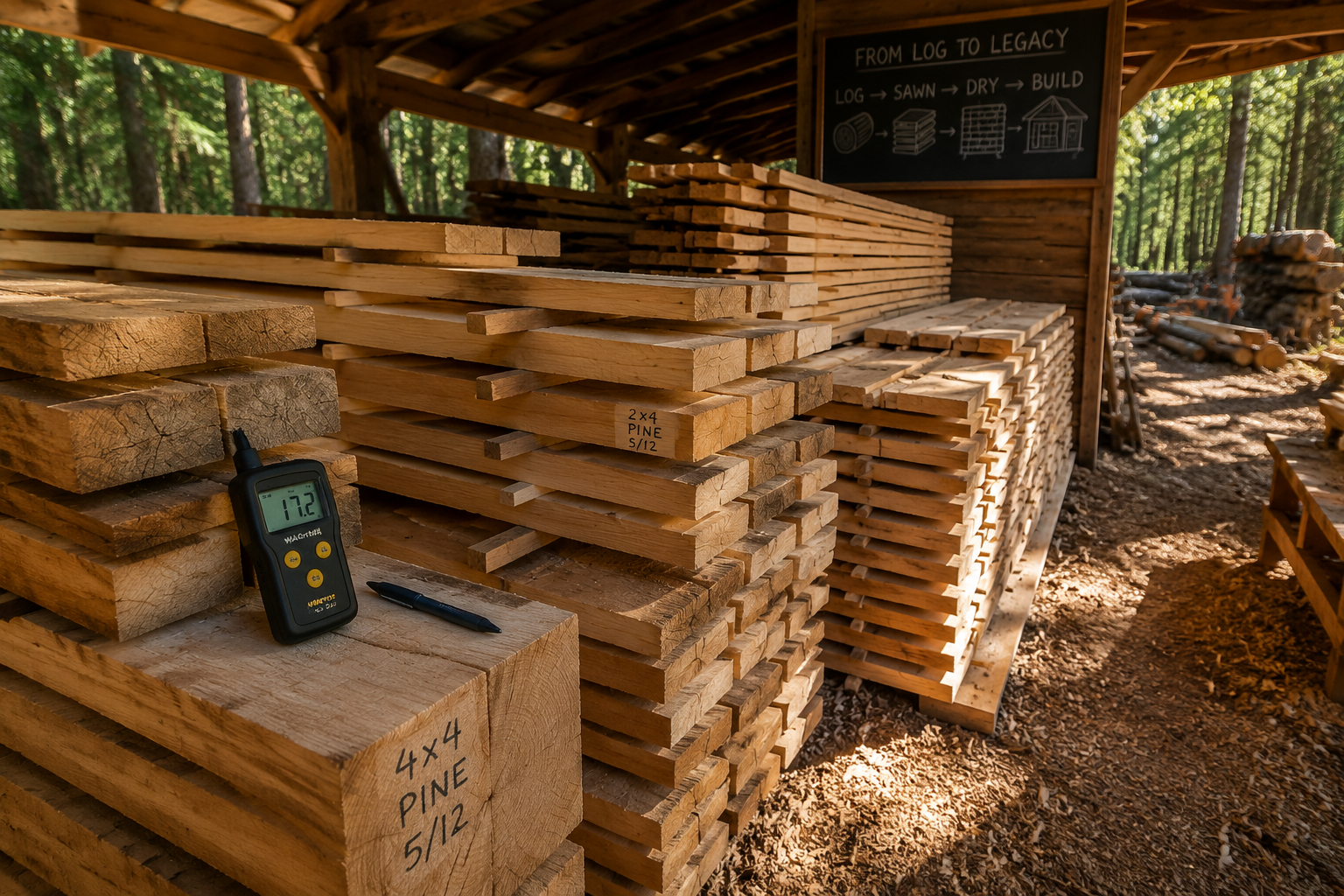 Detailed () image depicting the careful handling and stacking of freshly milled lumber. Various sizes of boards (2x4s, 4x4s)