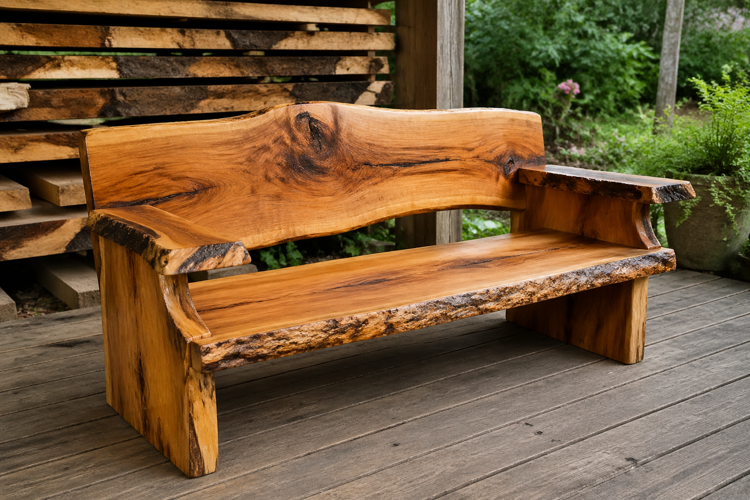 Detailed () image showcasing a finished woodworking project made from chainsaw-milled lumber. Perhaps a sturdy wooden bench