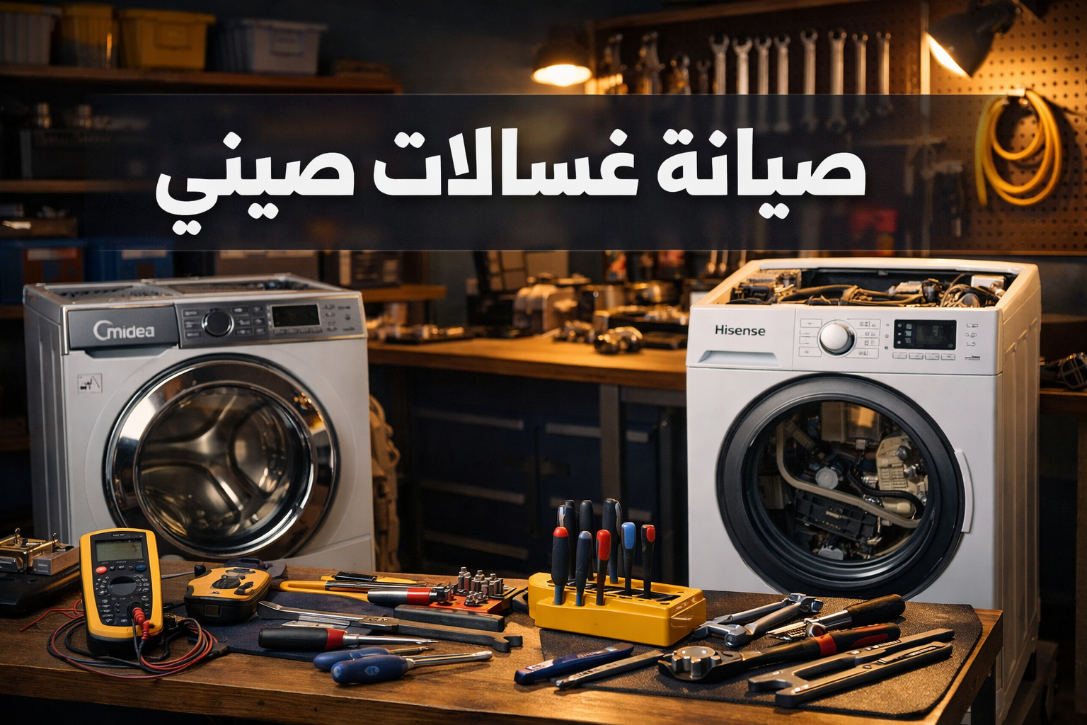 Professional () hero image with Arabic 'صيانة غسالات صيني' in extra large white with dark effect, centered in upper third of