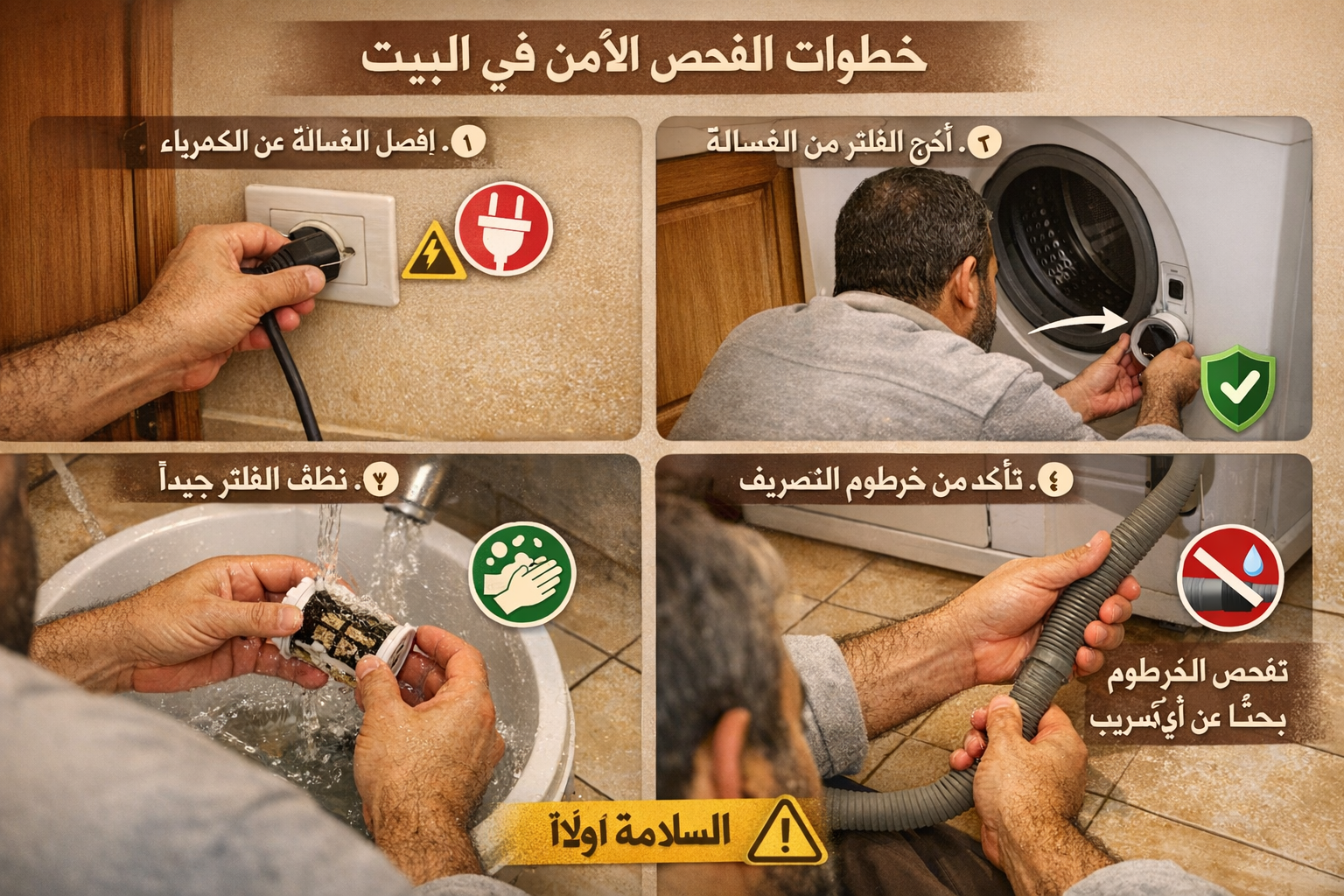 () step-by-step visual guide showing a homeowner safely inspecting a Chinese washing machine filter and drain hose at home