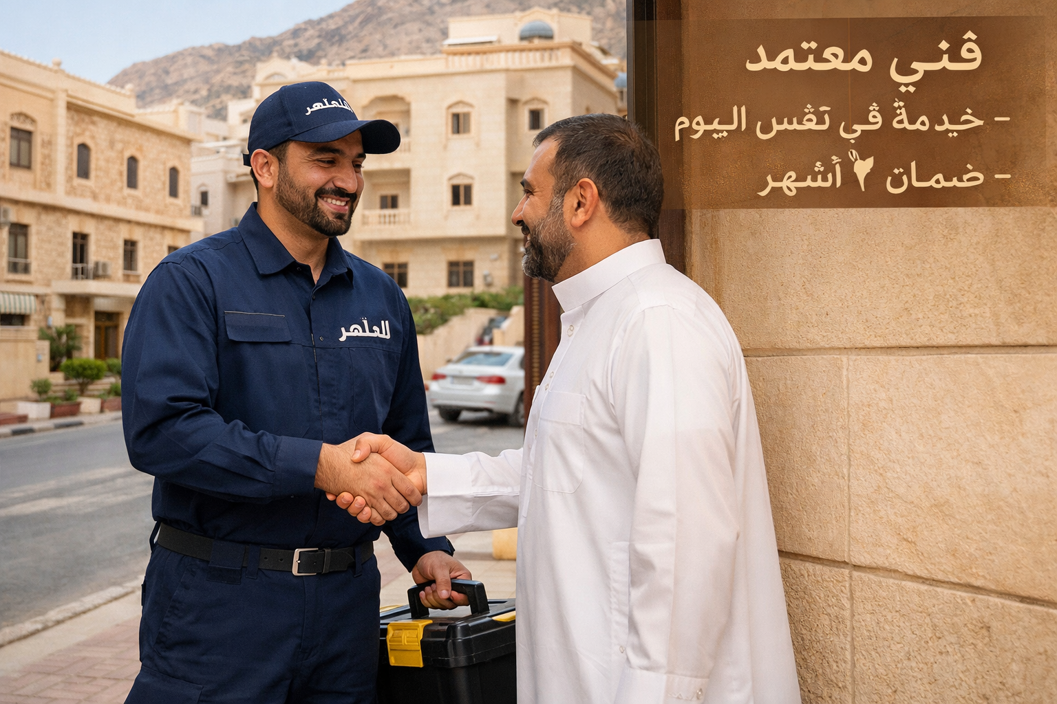 () showing a professional Al-Maher technician in branded uniform arriving at a Makkah neighborhood home, carrying a toolbox,