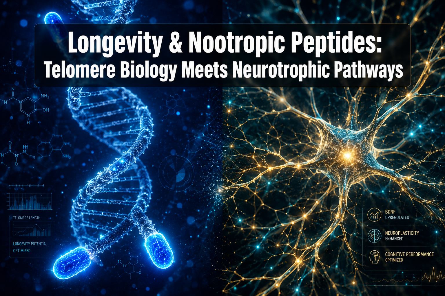 Professional () hero image with : 'Longevity & Nootropic Peptides: Telomere Biology Meets Neurotrophic Pathways' in extra