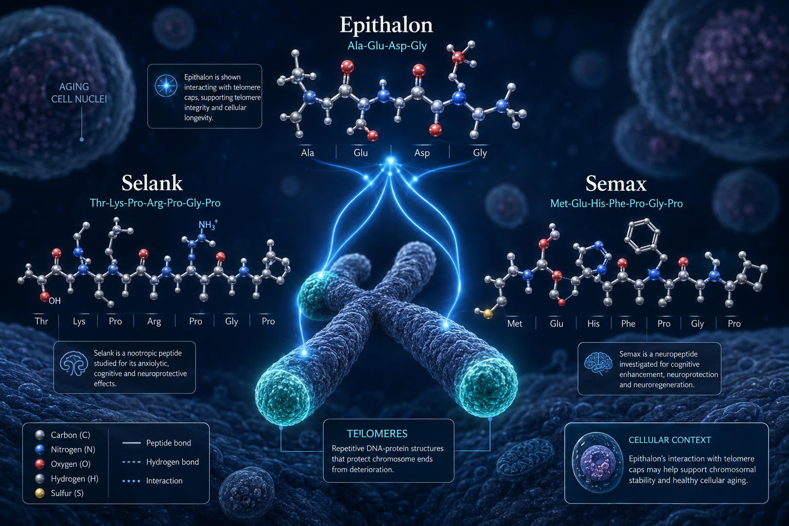 Detailed () scientific illustration showing three peptide molecular structures labeled Epithalon, Selank, and Semax arranged
