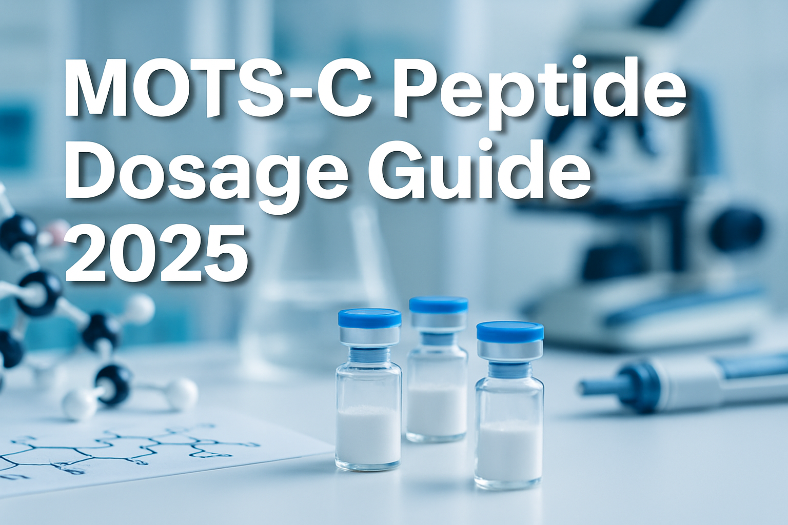 Professional landscape hero image (1536x1024) with bold text overlay 'MOTS-C Peptide Dosage Guide 2025' in extra large 72pt white sans-serif