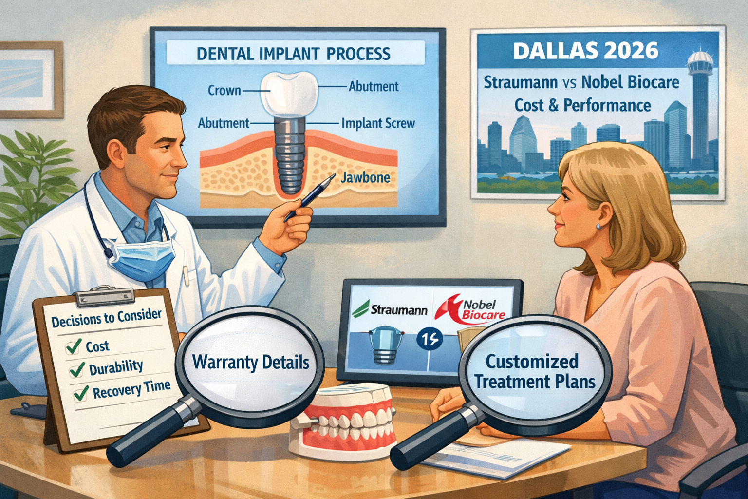 A professional illustration or graphic in landscape format (1536x1024) depicting a patient in a consultation setting with a dentist, pointin