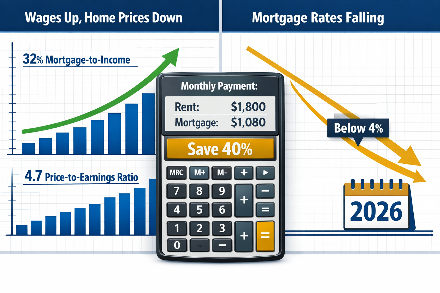 Detailed () image showing split-screen comparison visualization: left side displays upward trending line graph of wage