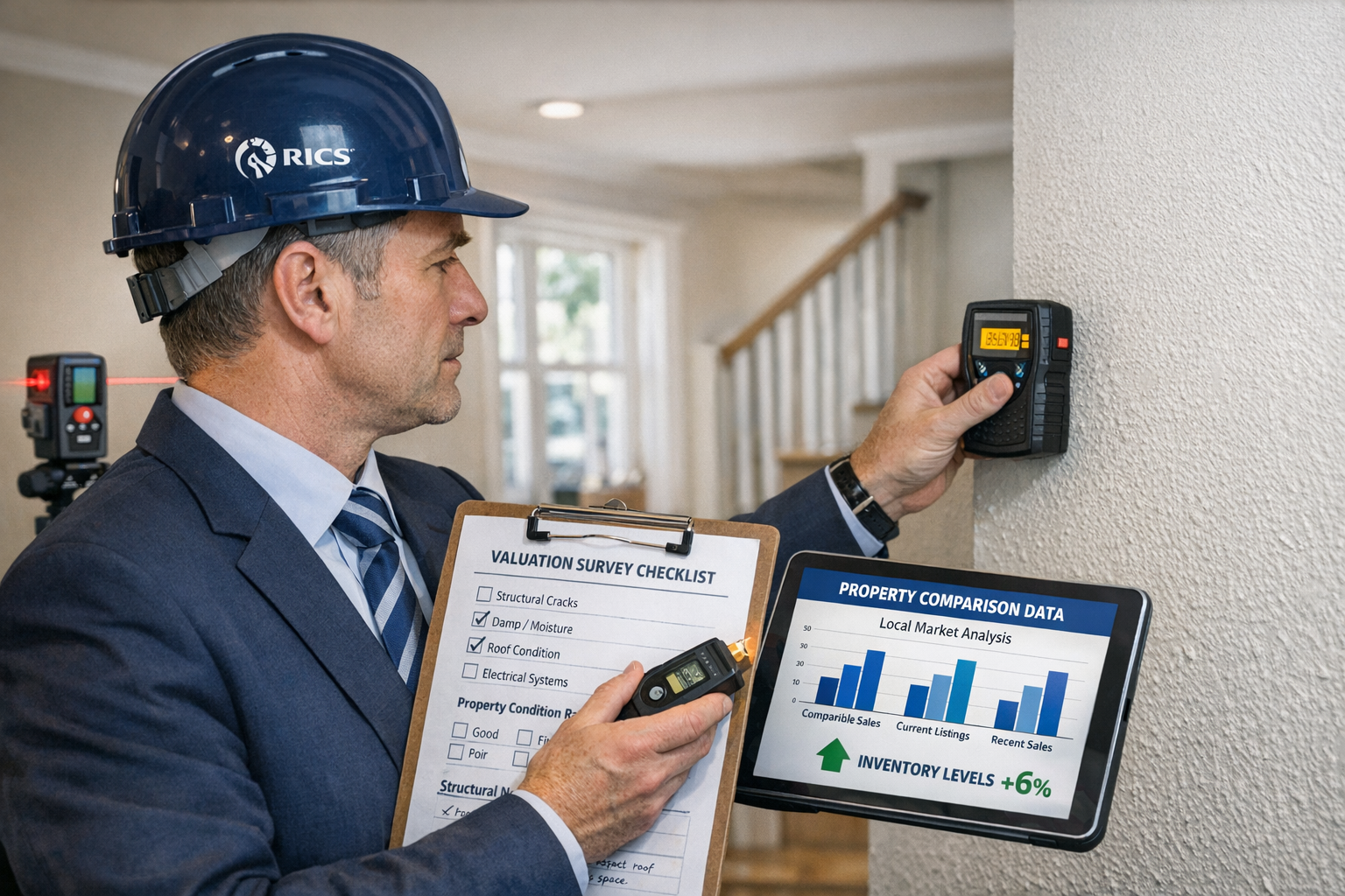 Detailed () image depicting property valuation survey in progress: RICS chartered surveyor in professional attire conducting