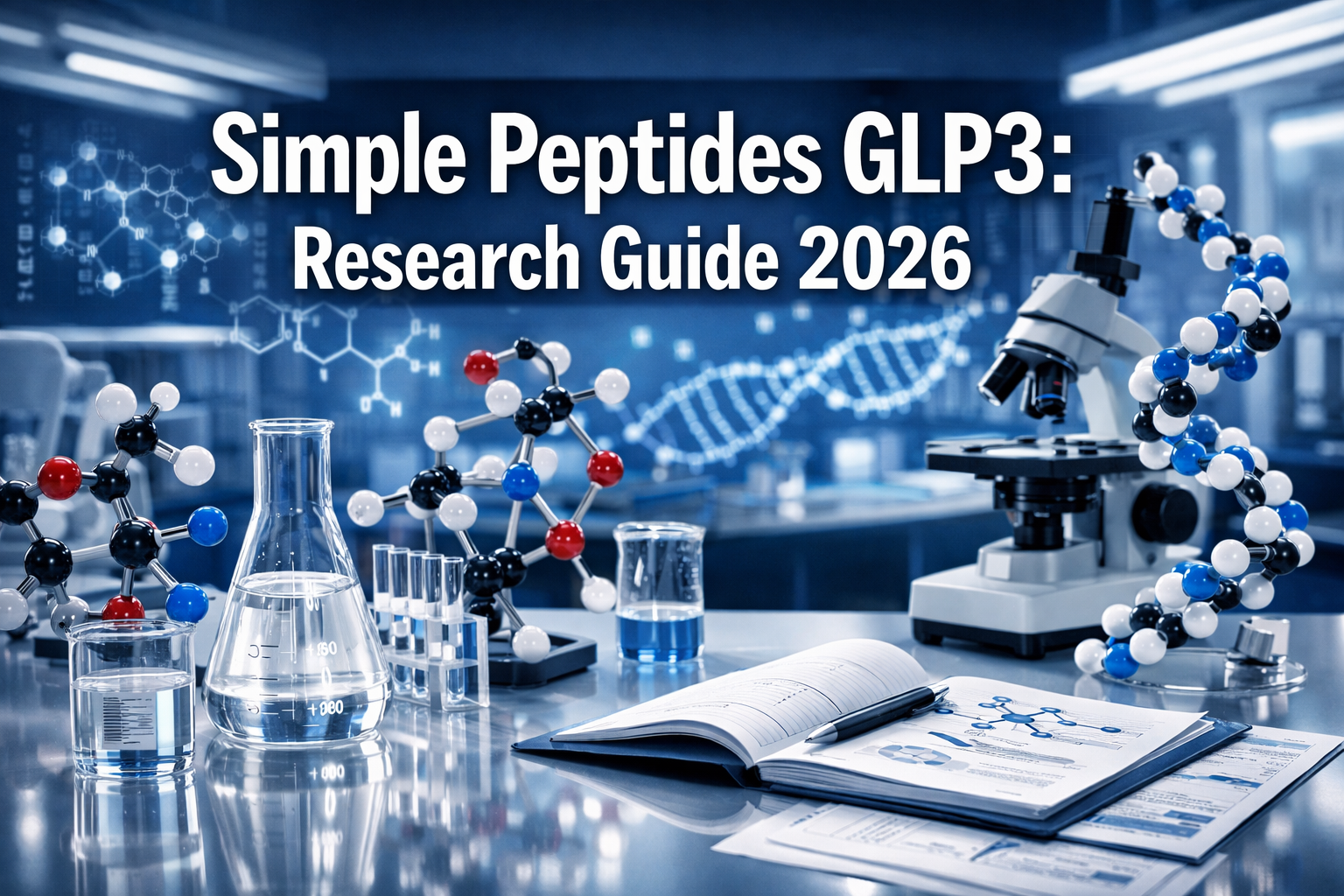 Professional landscape hero image (1536x1024) featuring bold text overlay 'Simple Peptides GLP3: Research Guide 2026' in extra large 72pt wh