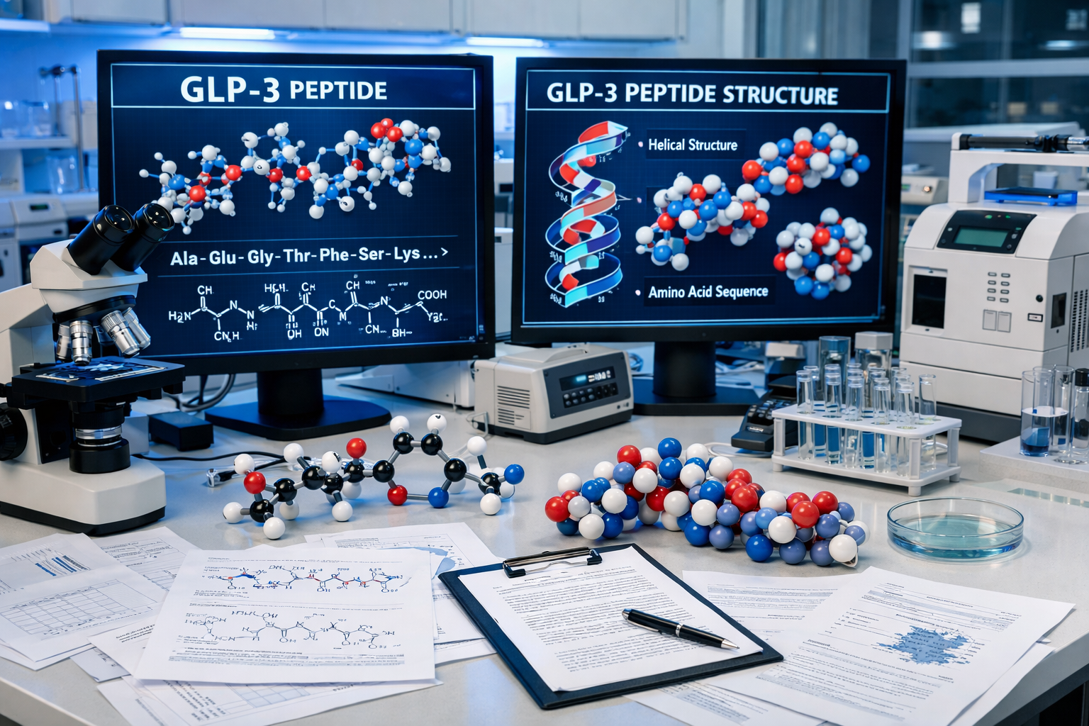 Scientific laboratory scene showing GLP3 peptide molecular structure diagrams on digital screens, research papers scattered on lab bench, mo