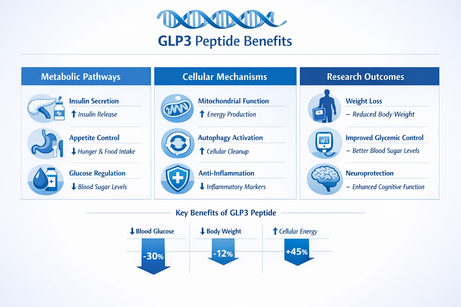 Comparative infographic displaying GLP3 peptide benefits in organized sections, clean chart layout showing metabolic pathways, cellular mech