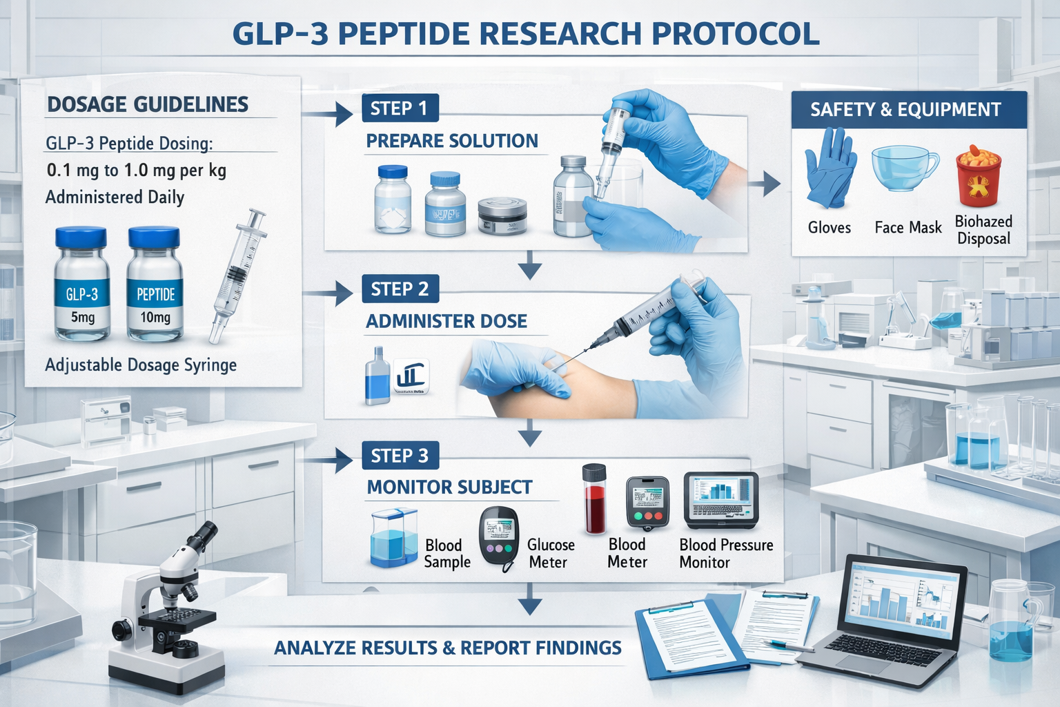 Research protocol workflow diagram showing GLP3 peptide dosage guidelines, measurement tools, vials and syringes, scientific documentation, 
