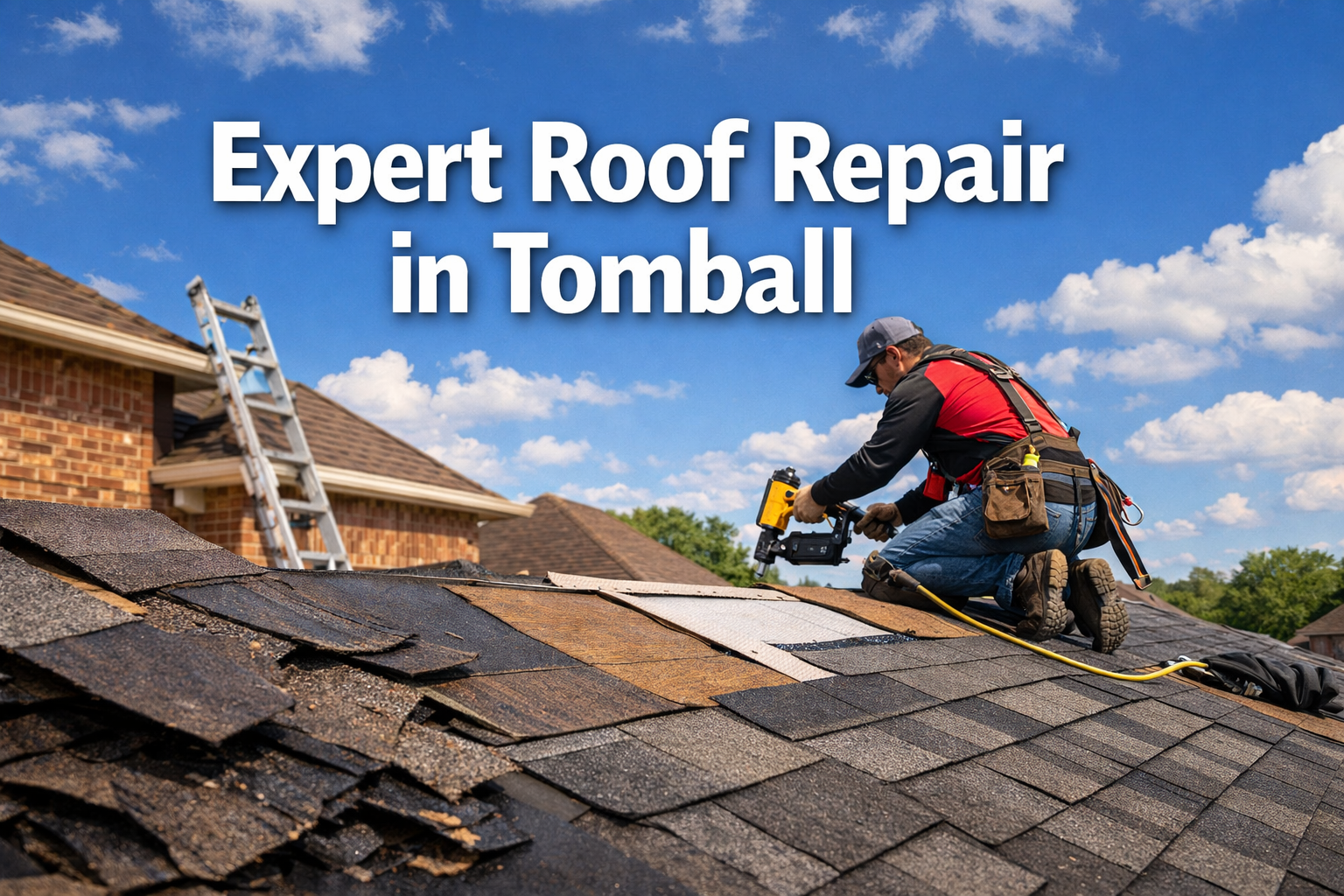 Professional landscape hero image (1536x1024) featuring bold text overlay 'Expert Roof Repair in Tomball' in extra large 72pt white sans-ser