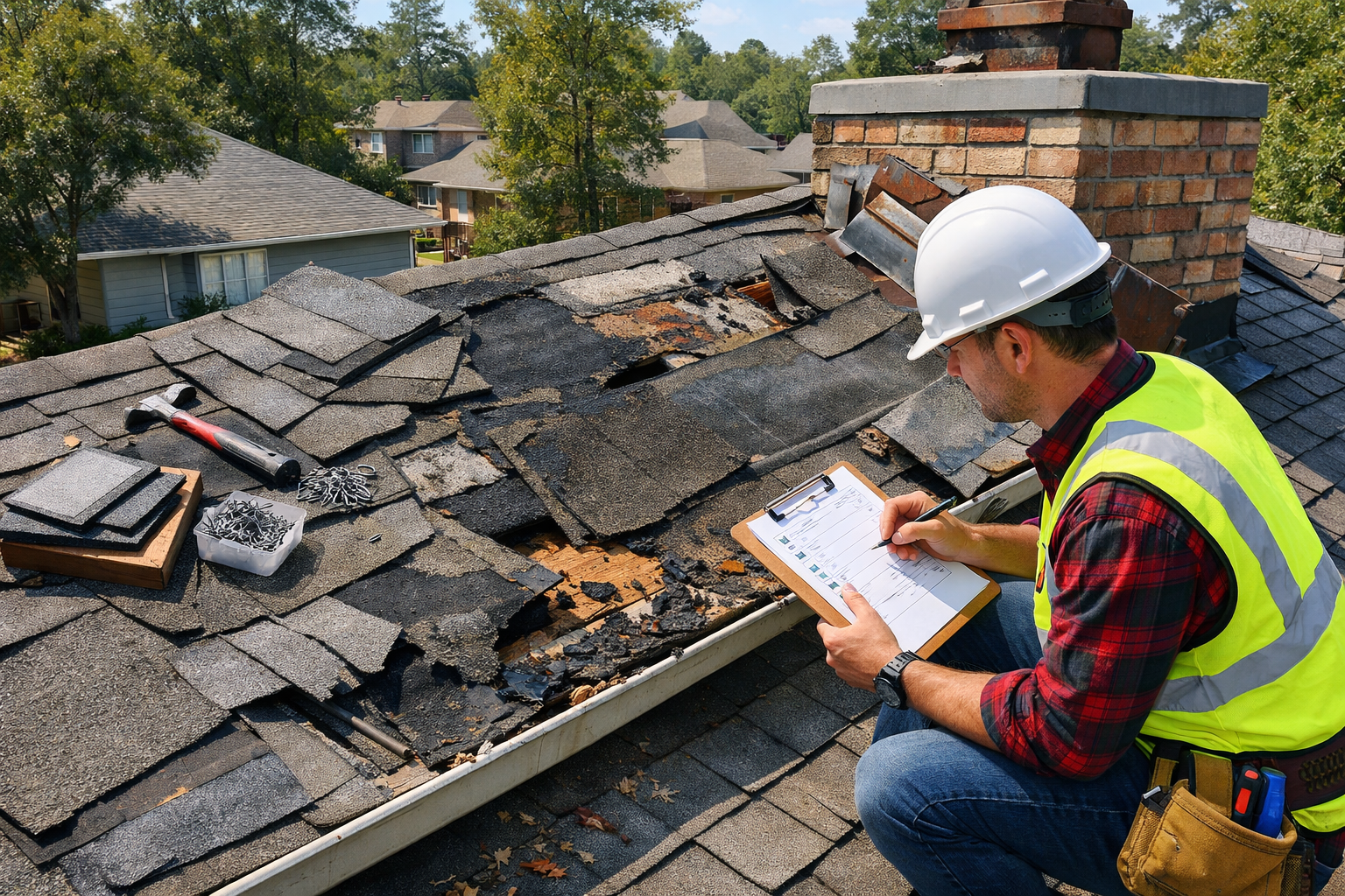 Detailed landscape image (1536x1024) showing comprehensive roof damage assessment in Tomball residential area. Professional roofer with clip