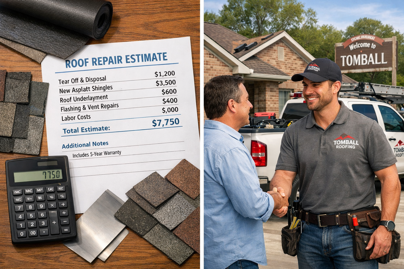 Professional landscape image (1536x1024) depicting roof repair cost breakdown and contractor selection process in Tomball. Split composition