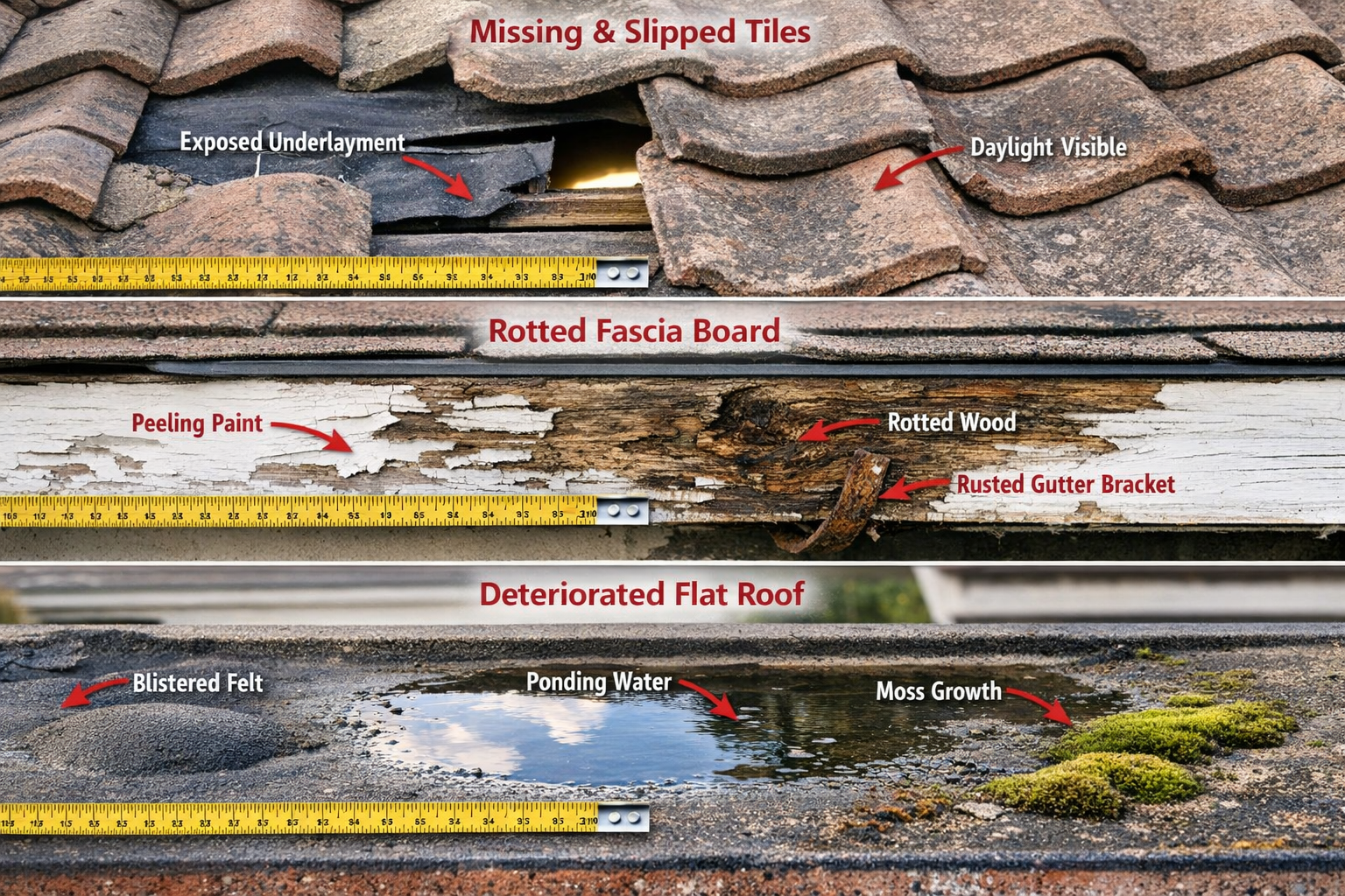 () detailed close-up composition showing three distinct roof deficiency examples in grid layout: top panel displays missing