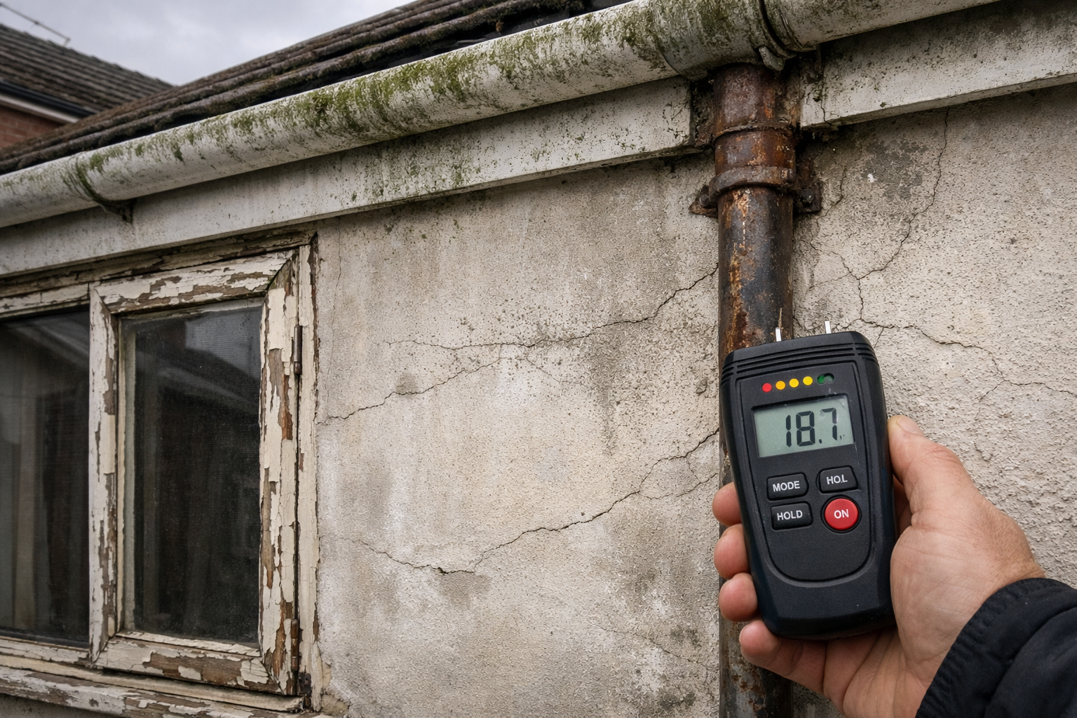() wide-angle photograph of residential property exterior showing multiple paint and cladding deficiencies: weathered timber