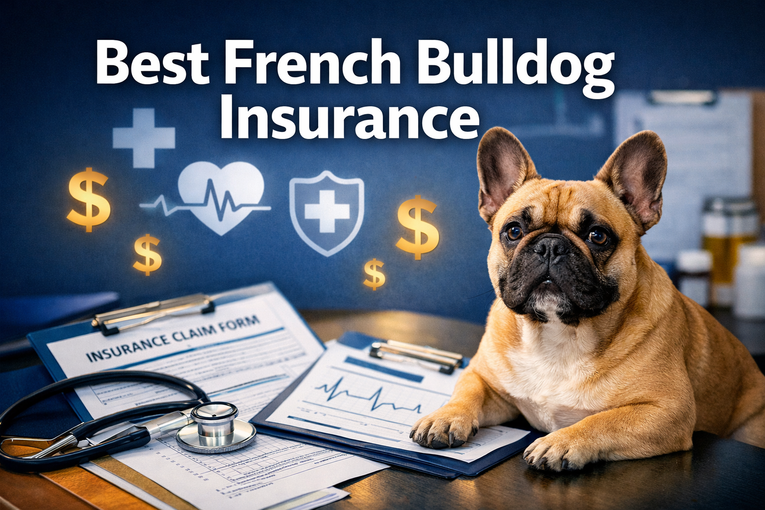Professional landscape format (1536x1024) hero image featuring bold text overlay 'Best French Bulldog Insurance' in extra large 70pt white s